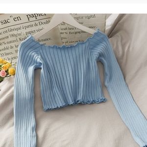 Off Shoulder Knitted Blue Crop Top Long Sleeve